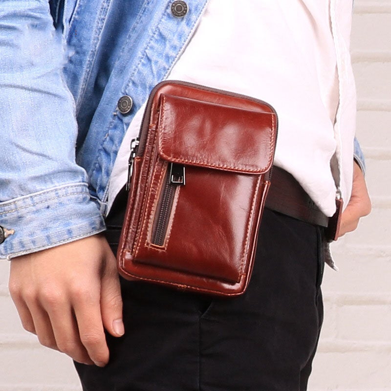 Men Flap-Over Front Zipper Pocket Belt Bag Sport Casual 6.3 Inch Phone Genuine Leather Waist