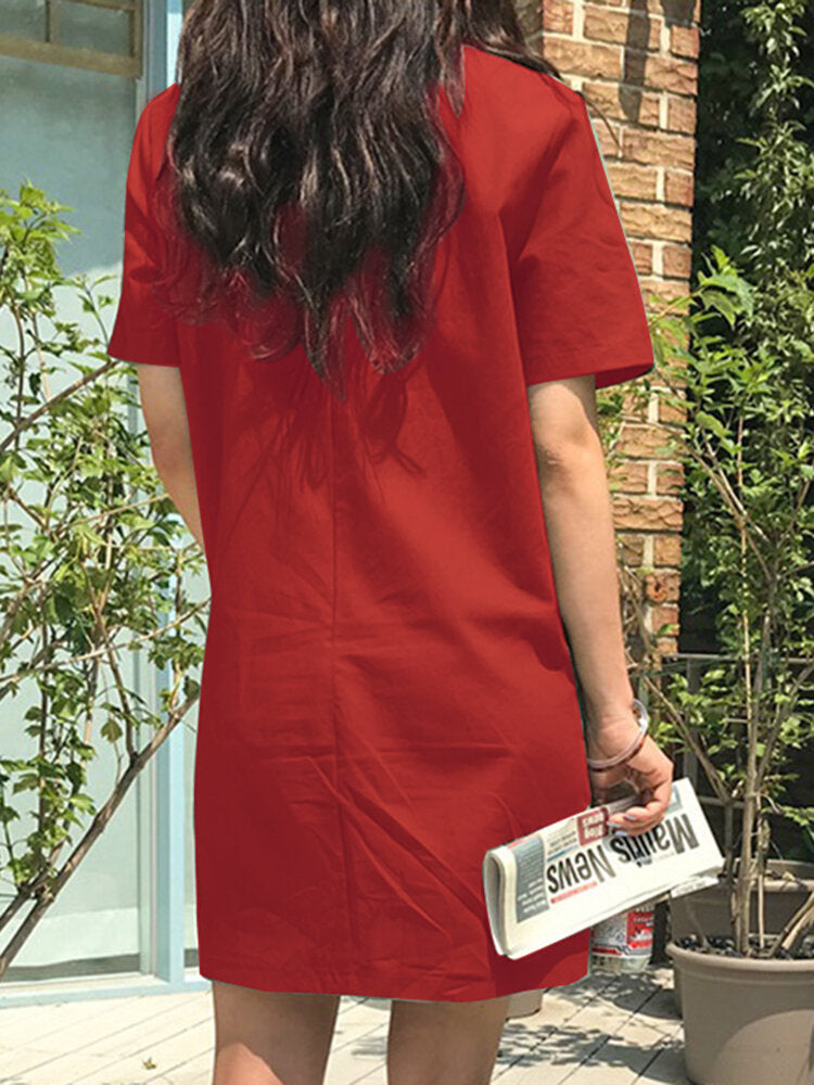 Solid Pocket Short Sleeve Casual Midi Dress