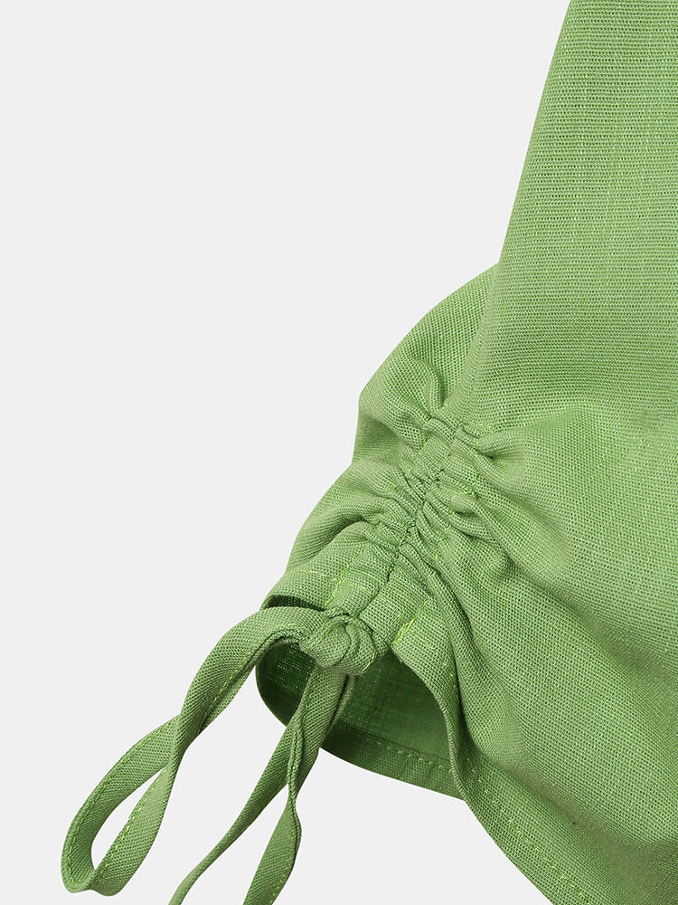 Women Green Ruffle Trim Long Sleeve Drawstring Button Casual Blouse