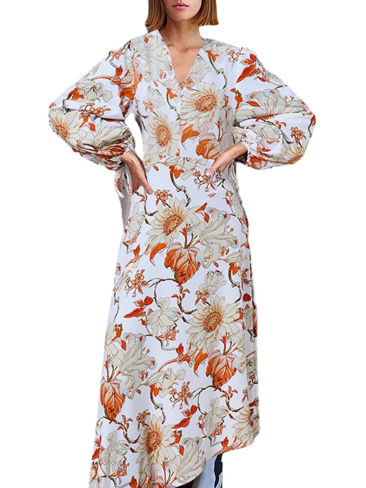 Women Flowers Print V-Neck Lantern Sleeve A-Line Casual Holiday Maxi Dress