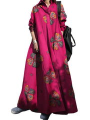 Women Retro Floral Print Lapel Bohemian Loose Long Sleeve Maxi Shirt Dress With Pocket