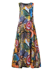 Women Retro O-neck Floral Print Sleeveless Maxi Dress