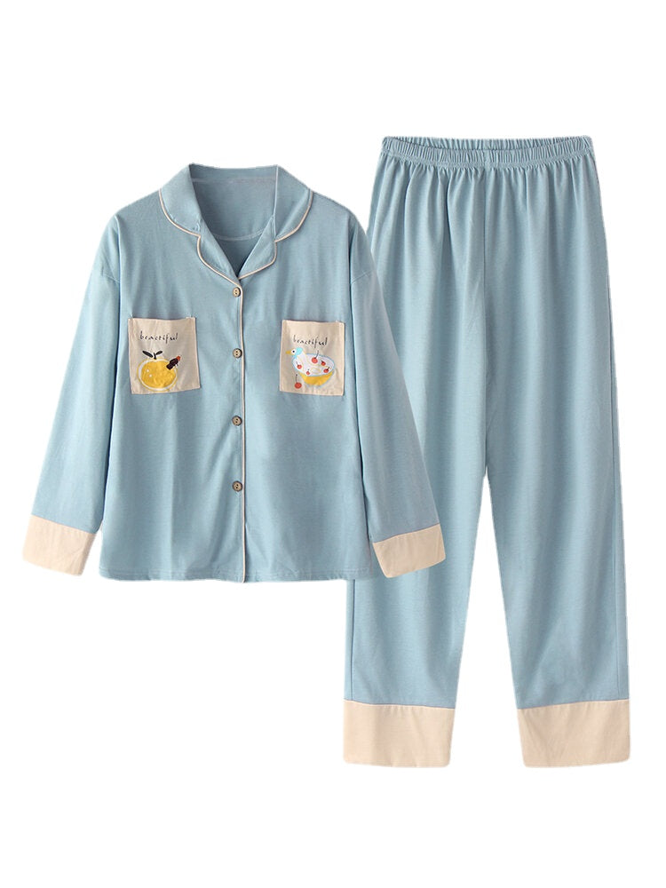 Plus Size Women Cartoon Print Revere Collar Long Sleeve Elastic Waist Home Pajama Set