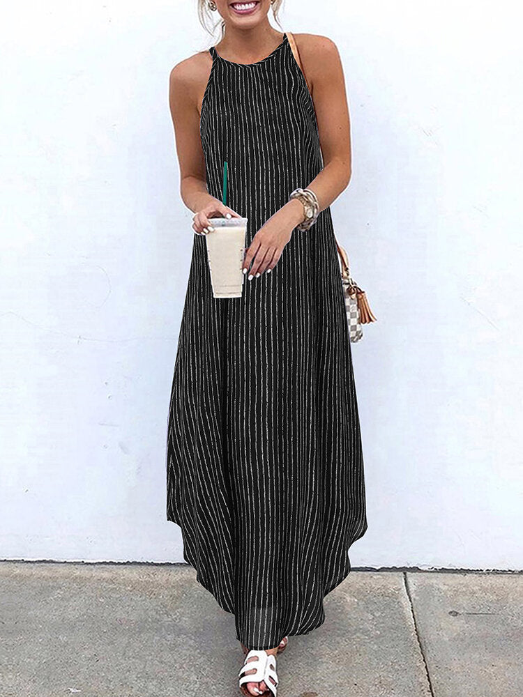 Women Casual Striped Strappy High Low Long Maxi Dress