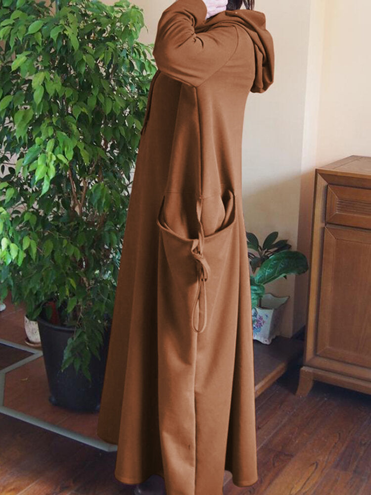 Women Solid Color Side Double Pocket Loose Hooded Maxi Dresses