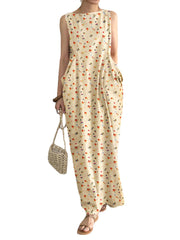 Pocket Ditsy Floral Round Neck Summer Sleeveless Maxi Dress