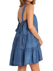 Women's Sleeveless Pure Color Ruched Square Neck Stylish Swing Denim Dress