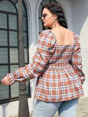 Plus Size Square Neck Plaid Shirring Long Sleeves Blouse