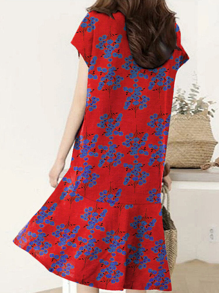 Floral Print Ruffle V Neck Cap Sleeve Midi Dress For Women