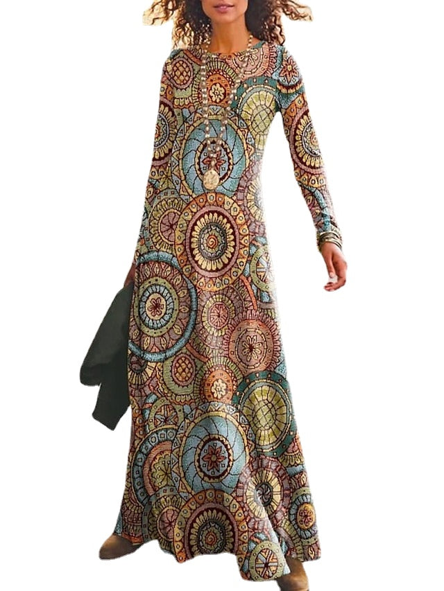 Women's Casual Dress T Shirt Dress Tee Dress Ethnic Dress Long Dress Maxi Dress Blue Orange Brown Long Sleeve Geometric Patchwork Winter Fall Spring Crew Neck Basic Winter Dress Daily Vacation