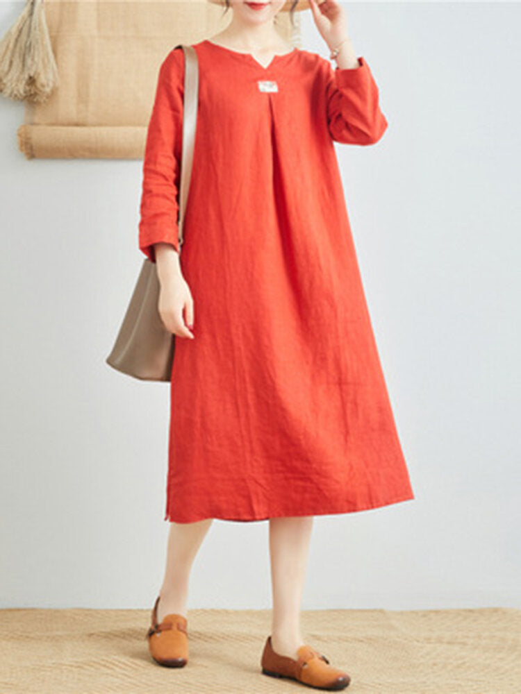 Women Pure Color Cotton Linen V-Neck Long Sleeve Dress with Pockets