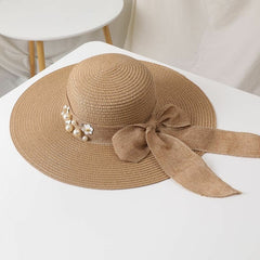 Women Straw Solid Color Elegant Big Brim Pearl Bowknot Wavy Edge Visor Sun Hat Beach Hat Bucket Hat