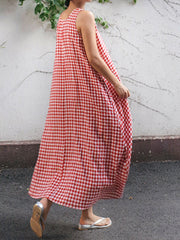 Women Casual Sleeveless Plaid Side Pocket Loose Maxi Dress