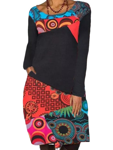 Women Ethnic Pattern Patchwork Casual Print Round Neck Long Sleeve Dress