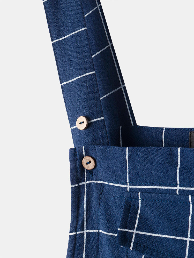 Women Grid Adjustable Strappy Sleeveless Casual Jumpsuits With Flap Pocket