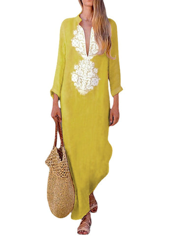 Womens Summer Floral Print V-neck Long Sleeve Split Long Maxi Dress