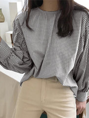 Puff Sleeve O-Neck Plaid Casual Loose Blouse For Women