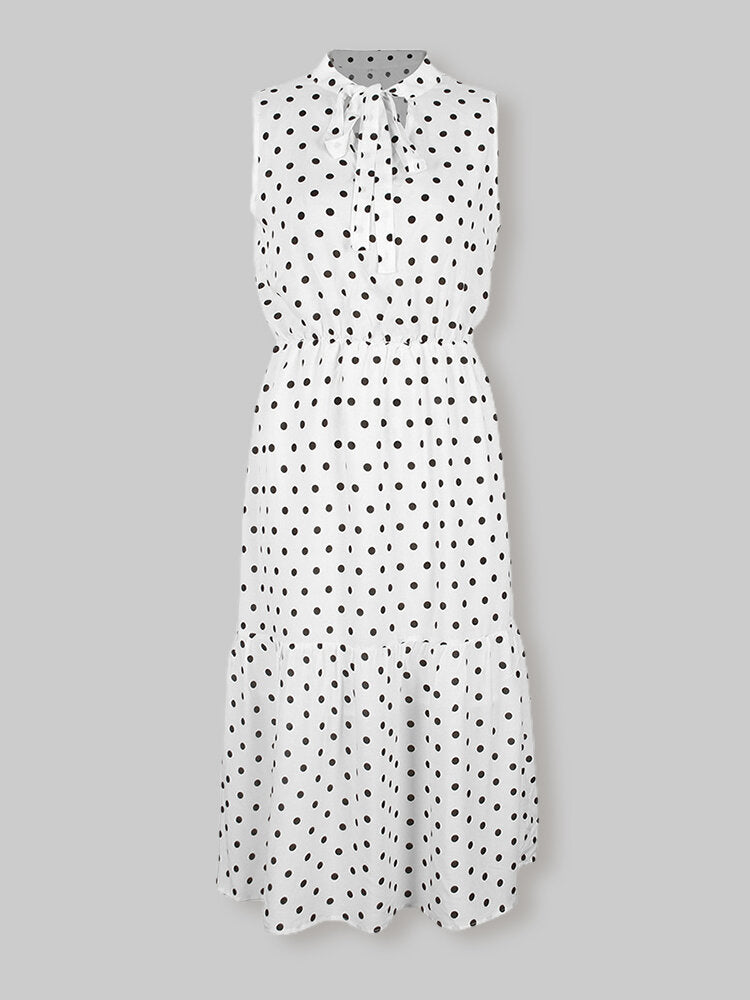 Polka Dot Print V-neck Sleeveless Knotted Pleated Dress For Women