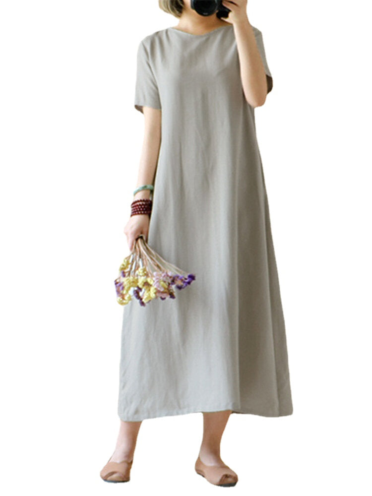 Celmia Women Vintage Short Sleeve Cotton Loose Maxi Dress