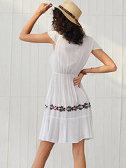 Women Floral Embroidered Bandage V-Neck Bohemian Ethnic Slim Dress