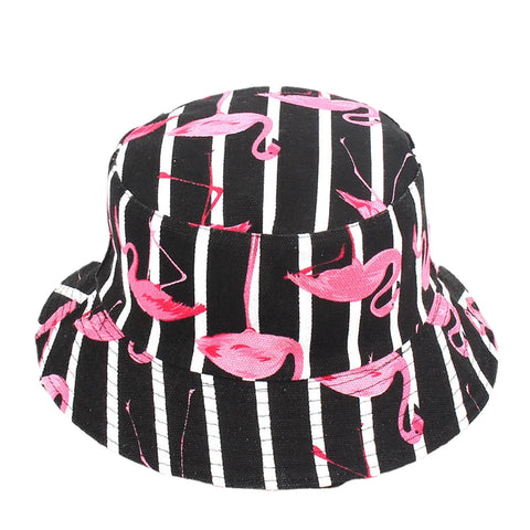 Women Print Flamingo Canvas Double-Sided Wear Outdoor Sunshade Fisherman Hat