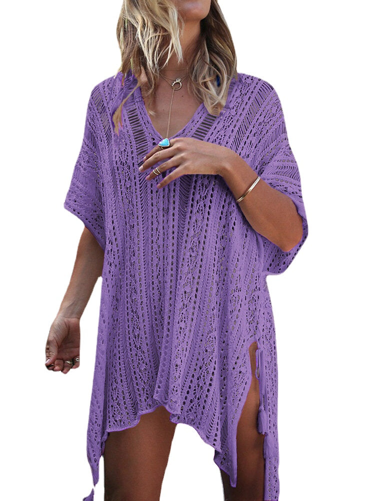 Women Crochet Solid Color Hollow Out Breathable Sunscreen Cover Ups