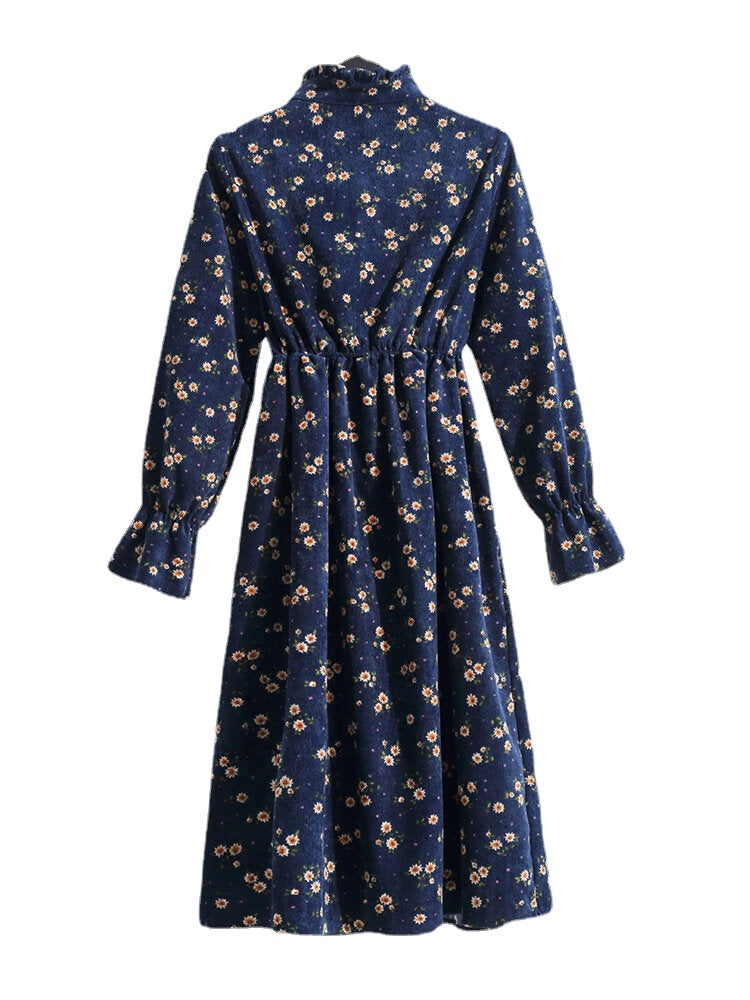 Women Floral Print Stand Collar Half Open Button Elastic Waist Long Sleeve Dresses