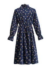 Women Floral Print Stand Collar Half Open Button Elastic Waist Long Sleeve Dresses