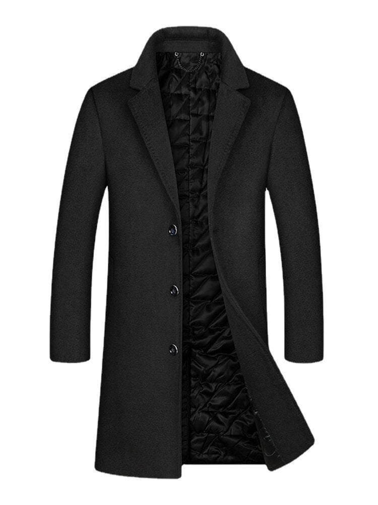 Mens Woolen Mid Length Single-Breasted Thick Business Coat