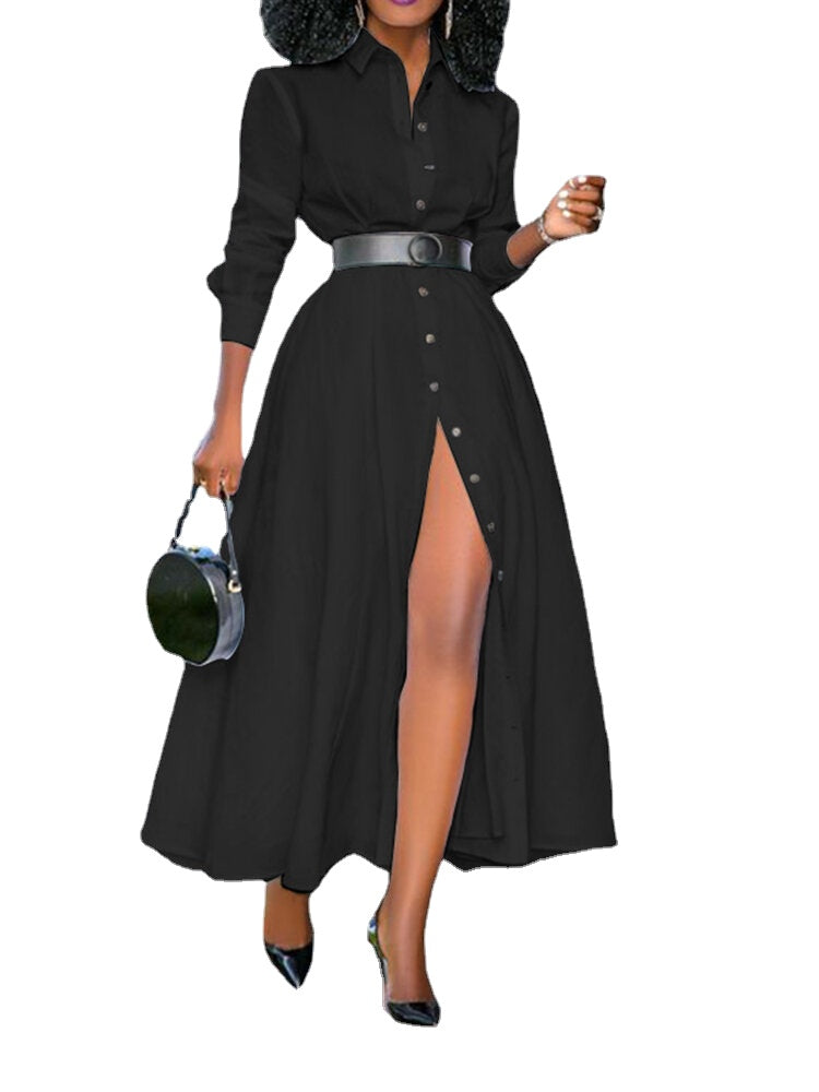 Women Basic Button Down Front Lapel Solid Color Long Sleeve Shirt Dress