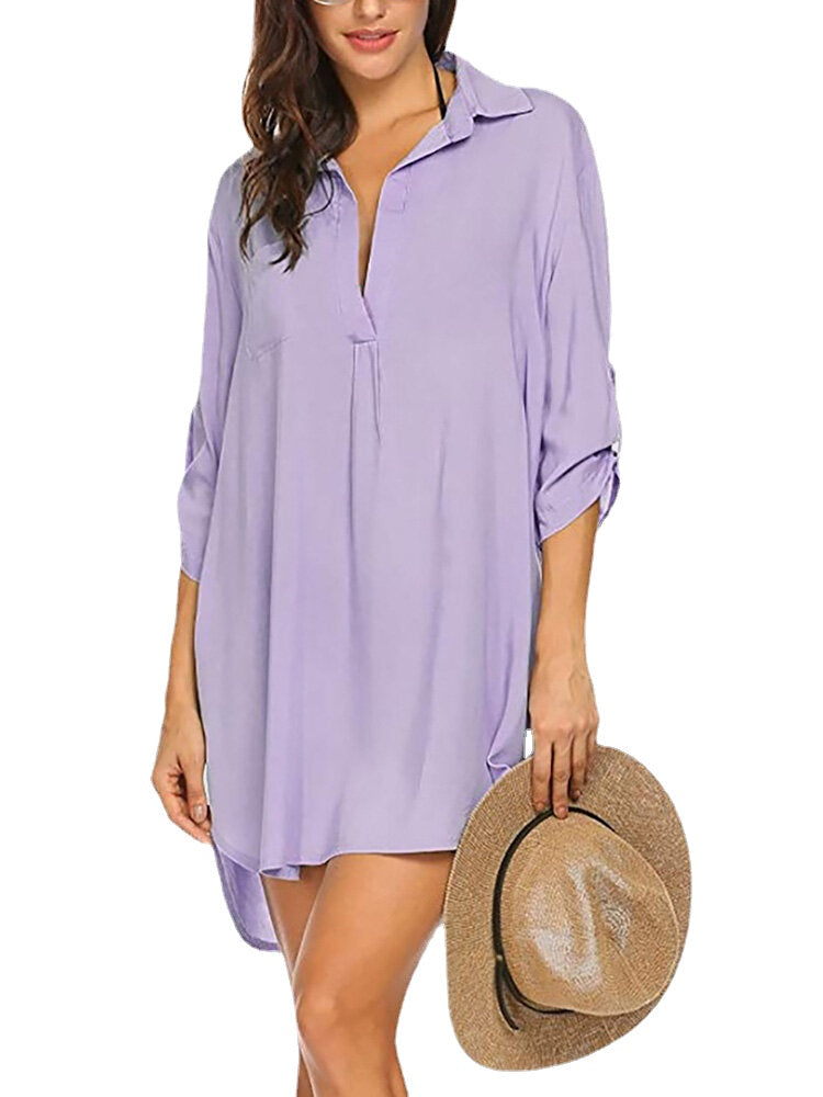 Women Solid Color Cover Up Loose Sun Protection High-Low Hem Beach Dress