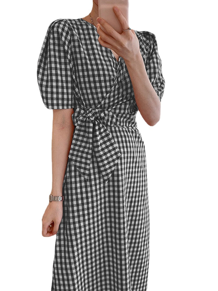 Puff Sleeve 100% Cotton Loose Fit V-Neck Plaid Splicing Maxi Dress