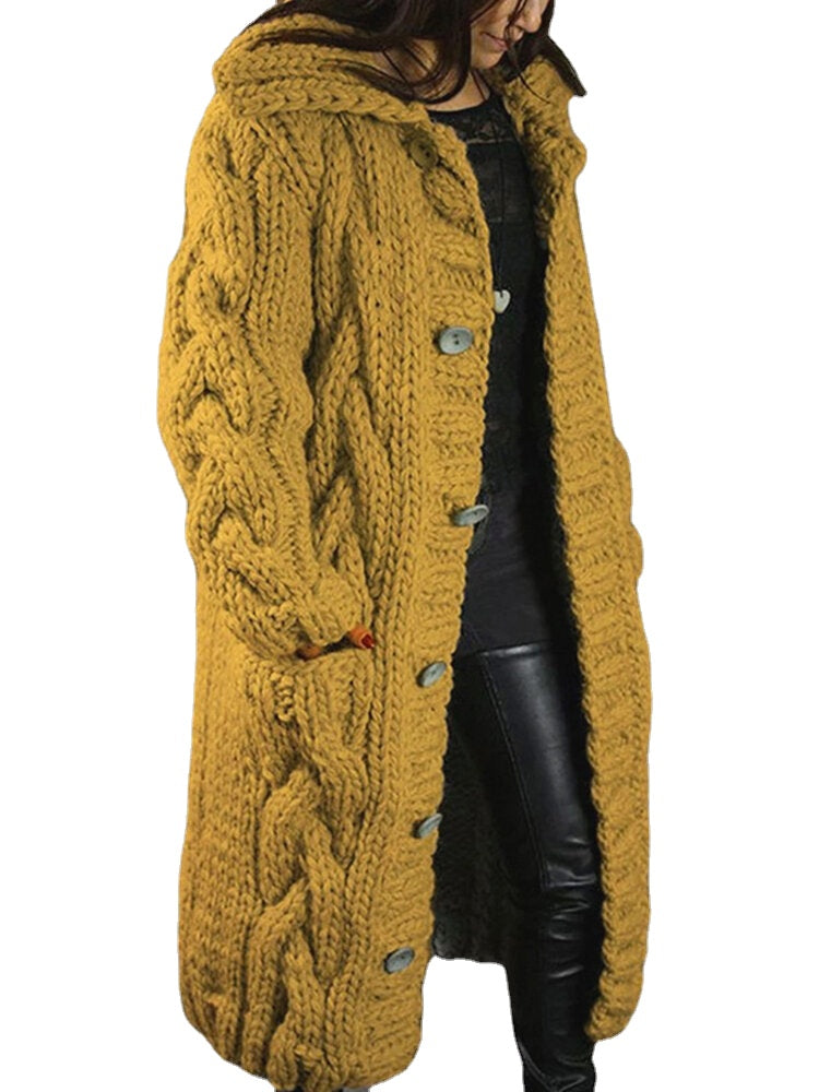 Women Solid Color Jacquard Knitted Mid-Length Hooded Cardigan With Pocket