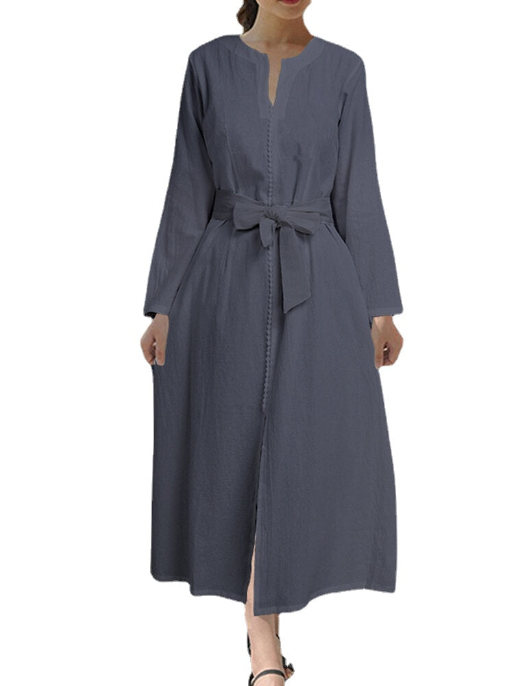 Women Daily Casual Belted Tie Waist Long Sleeve Solid Cotton Maxi Dress