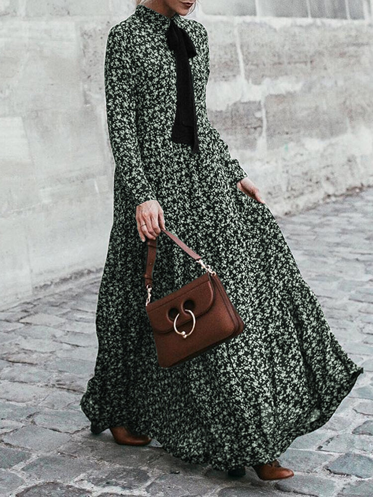 Women Floral Long Sleeve Lapel Elegant Maxi Dress With Butterfly Knot