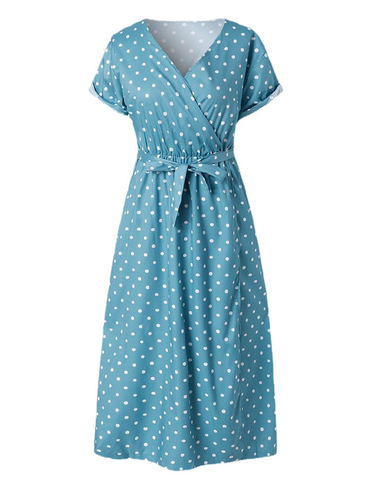 Women Cute Polka Dot V-Neck Wrap Casual Short Sleeve Belted Maxi Dresses