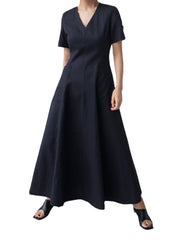 Solid Pocket Short Sleeve V-neck Swing Maxi Dress