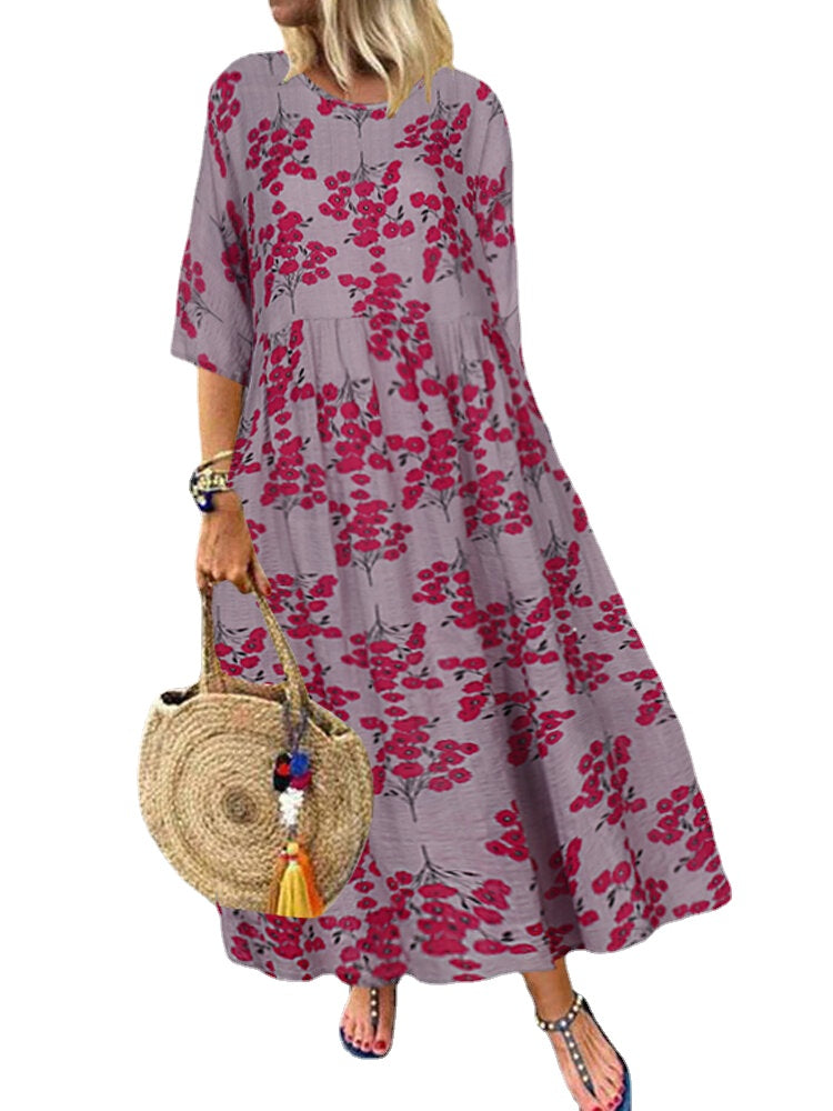 Women 3/4 Sleeve O-neck Floral Maxi Dress