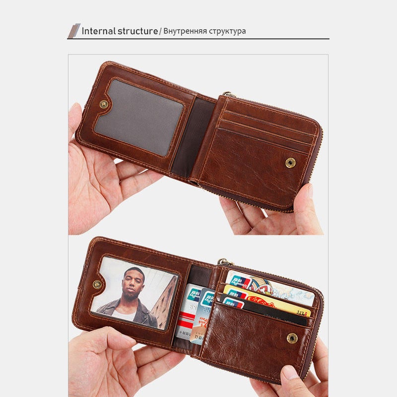 Men Genuine Leather Retro RFID Blocking Zipper Coin Bag Card Holder Wallet