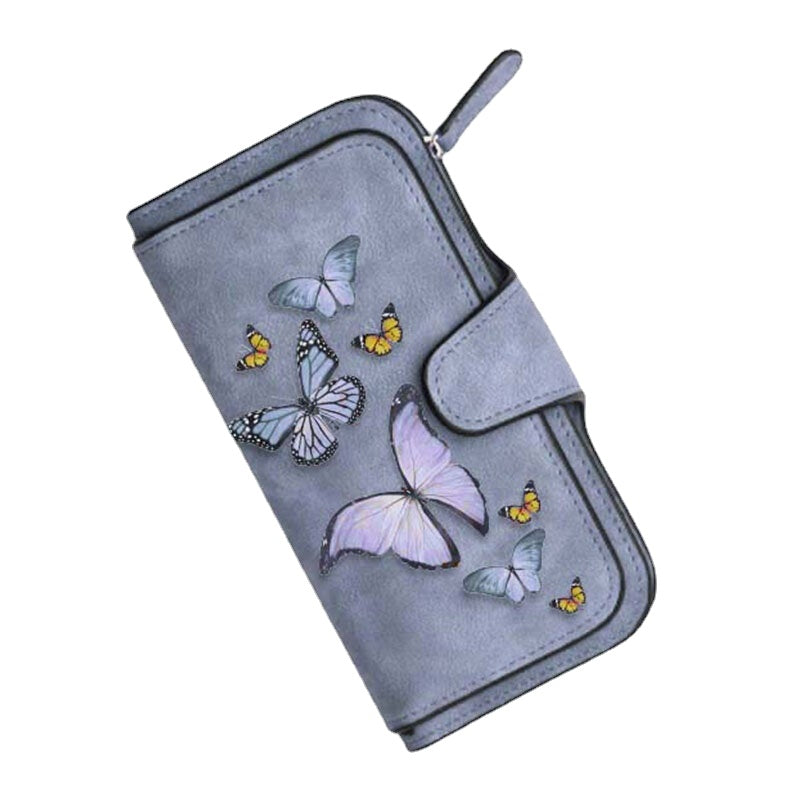 Women Butterfly Four Fold Wallet Purse 14 Card Slot 5.5 Inch Phone Bag