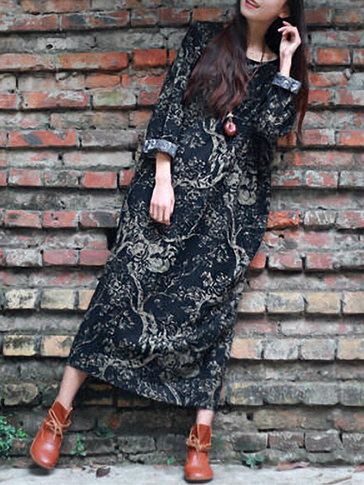 Women Floral Printed Long Sleeve Loose Maxi Dresses with Pockets