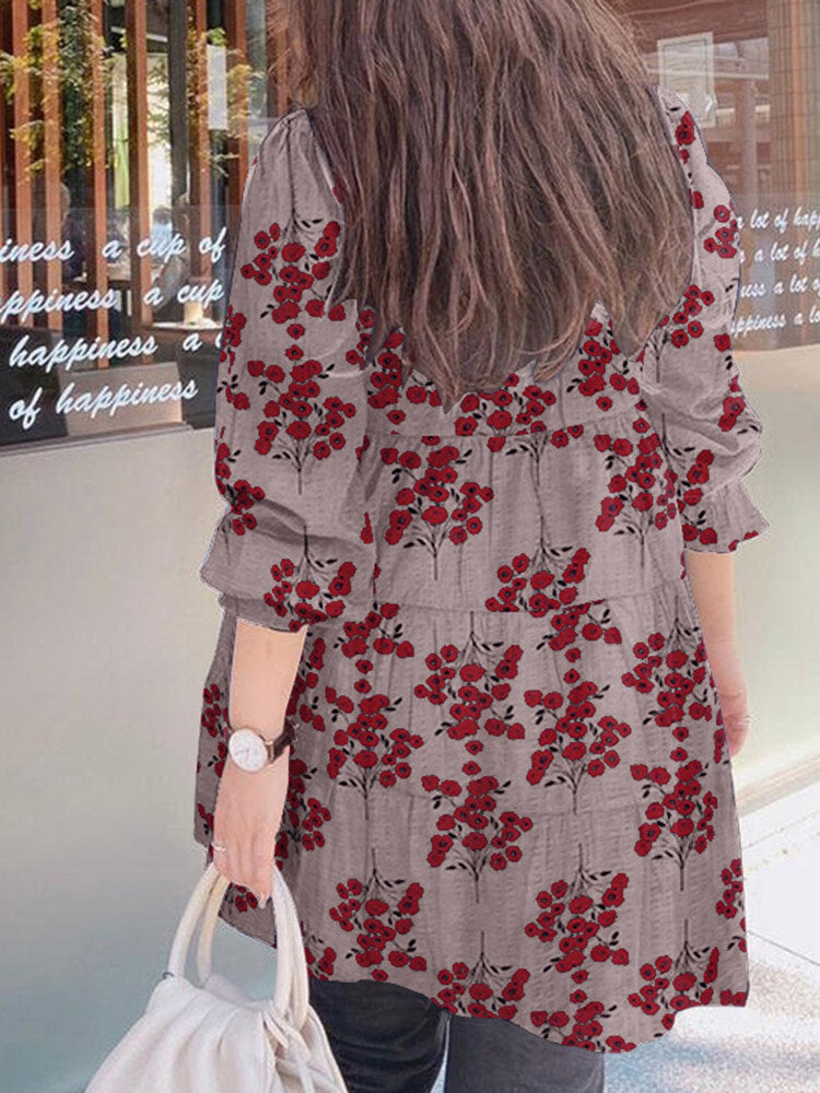 Women Floral Puff Sleeve Spliced Buttons Pleated O-Neck Casual Blouses