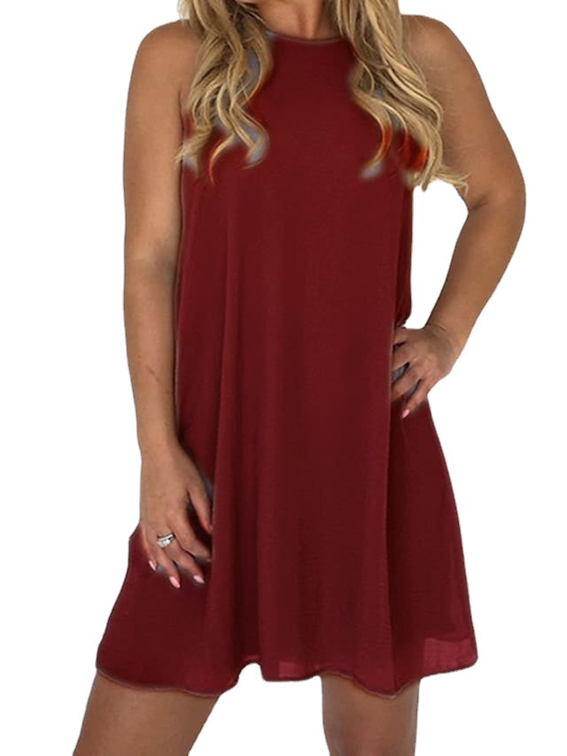 Women's Sleeveless Pure Color Mesh Crew Neck Simple Dress