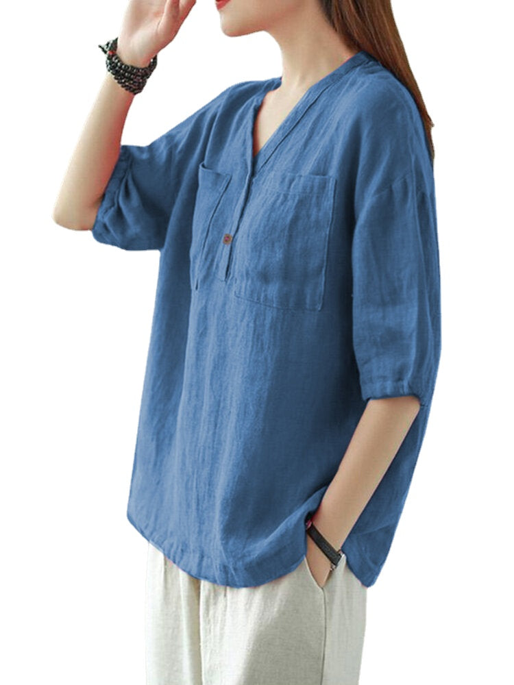 Solid Button Pocket V Neck Half Sleeve Casual Cotton Blouse