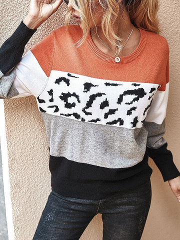 Women Color Block & Leopard Round Neck Long Sleeve Casual Sweaters