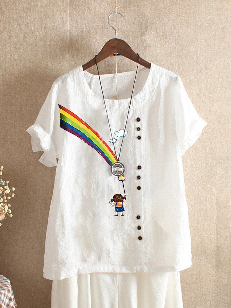 Women Rainbow Print O-neck Short Sleeve Casual T-shirt