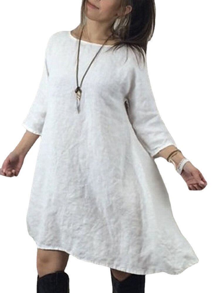 Women Casual Crew Neck Pure Color 3/4 Sleeve Dress