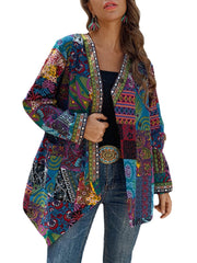 Women Retro Floral Print Patchwork Long Sleeve Irregular Cotton Ethnic Style Vintage Cardigans