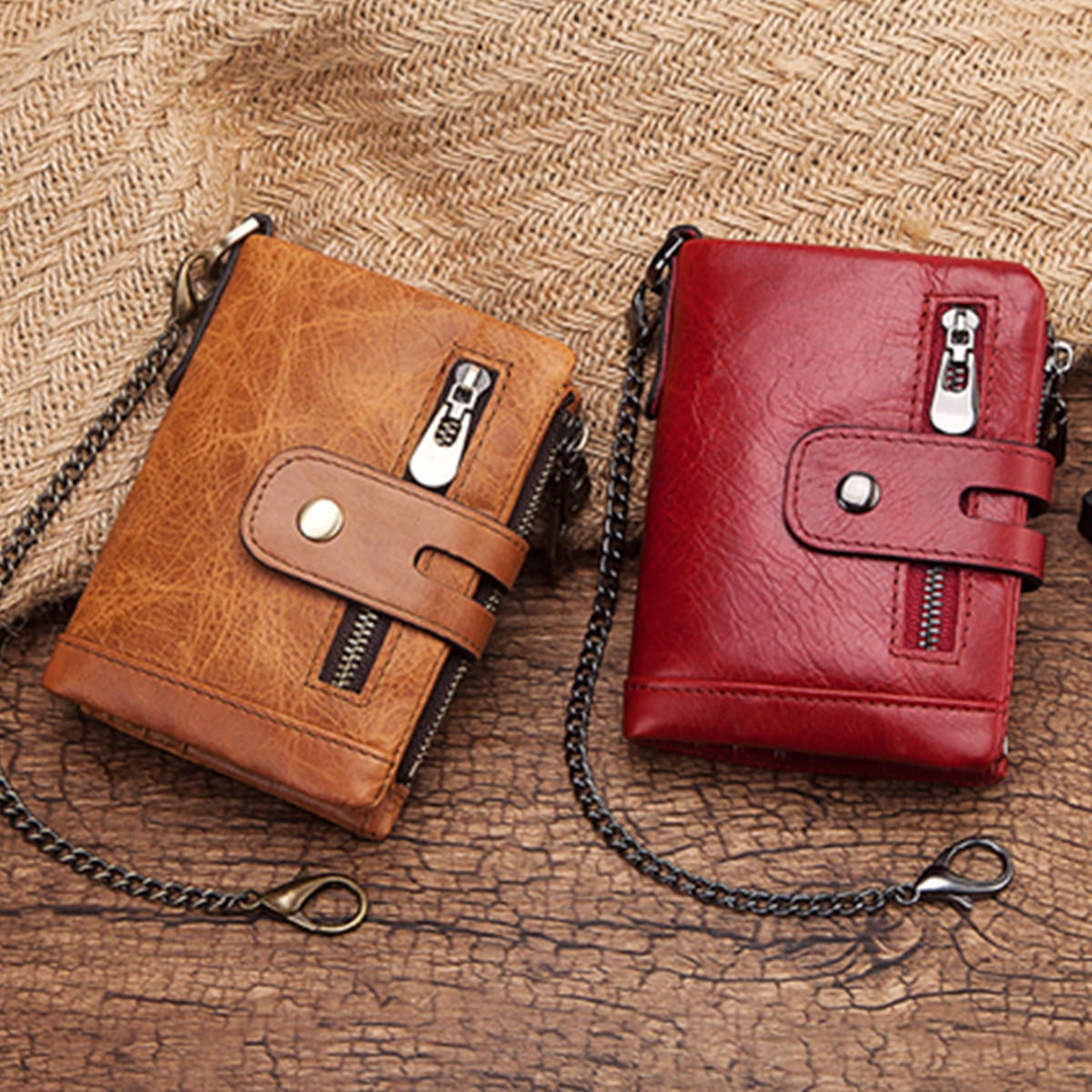 Men Genuine Leather Wallet RFID Anti-theft Short Zip Coin Hold Biker Chain Purse