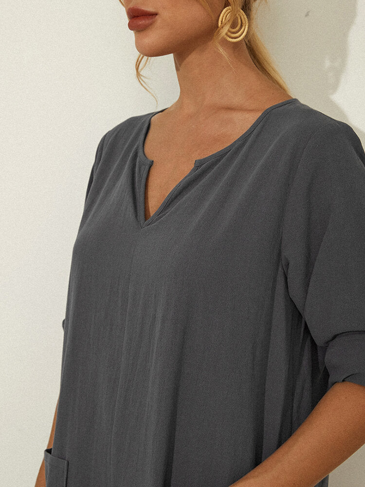 Solid Color Long Sleeve Notched Collar Pocket Loose Jumpsuit For Women